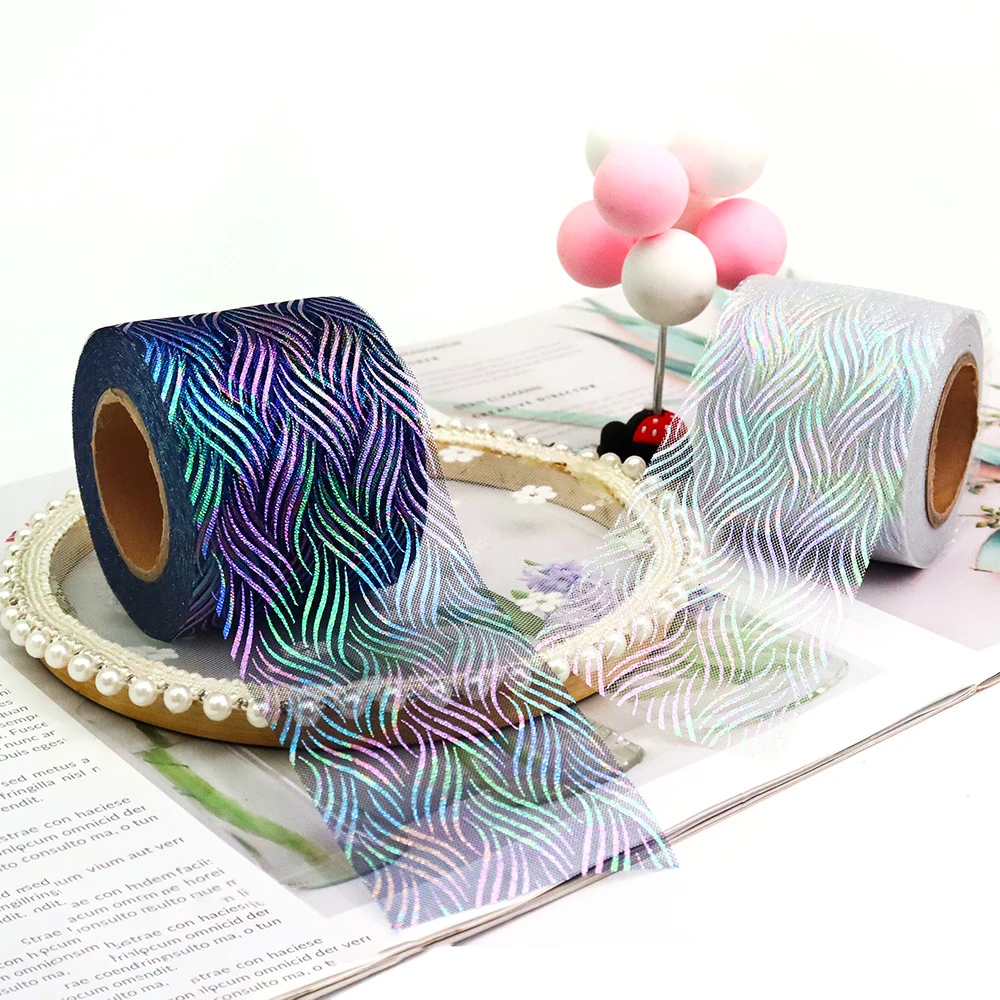 6cm 25Yards Illusory Organza Tulle Ribbon Water Wave Patern Mesh Tape Iridescent Color Fabric DIY Handmade Hairclips Bowknot ribbon decoration ribbon supplies organza ribbon fabric craft supplies