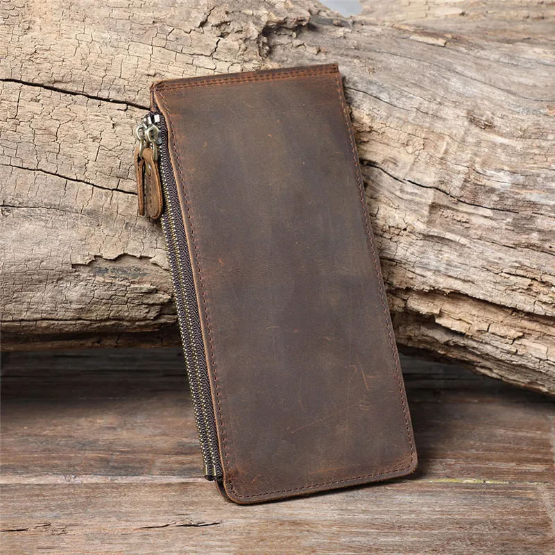 

Retro simple men's Genuine leather double zipper long wallet first layer cowhide card case integrated bag men's mobile phone bag