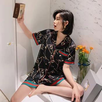 

New Short-Sleeved Pajamas Viscose Fiber Thin Fashion Printing Suit Net Red Celebrity Inspired SilkCardigan Leisure Set sleepwear