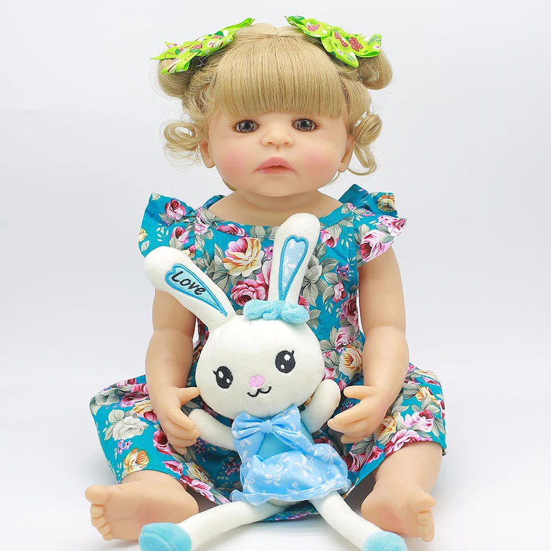 55 см Reborn Baby Doll игрушка полный Силиконовый Кролик Синий платье ткань тело короткие волосы Реалистичная кукла Малыш Дети сопроводительная игрушка