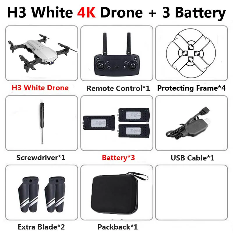 H3 Профессиональный складной Дрон с двойной камерой 4K HD WiFi FPV широкоугольный оптический поток RC Квадрокоптер Вертолет игрушка VS SG106 E58 - Цвет: White 4K 3B Bag