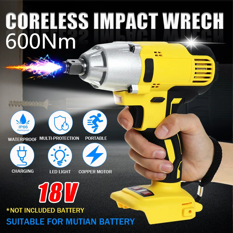 

18V 600Nm Electric Brushless Impact Wrench Rechargeable 1/2 Socket Wrench Power Tool Cordless Without Battery Accessories