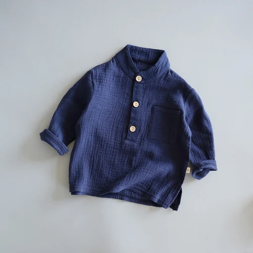 Детская весенне-осенняя блузка рубашка для мальчиков в стиле ретро мягкая футболка с воротником-стойкой Детская рубашка с деревянными пуговицами - Цвет: Dark Blue