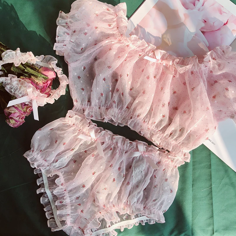 Women Pajamas Set Sheer Stars Ultra-thin Gauze Ruffles Off Shoulder Sleeve Tops Shorts Leg Ring Underwear Temptation Sexy