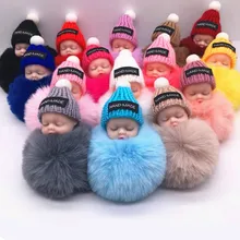 Poupée endormie en forme de boule de poils à suspendre, mignon pendentif, chaîne de pompons en peluche, sac en coton et laine, jouet coloré à la mode, 