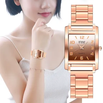 

Relogio Watches For Women Stainless Steel Belt Strap Square Alloy Quartz Wrist Watch Analog Rose Gold Female Watches Gifts Reloj