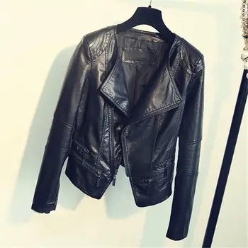 

Spring Fall 2019 New Women Turn-Down Collar Zipper Leather Jackets Slim Black Short Jacket Ladies Moto Leather Coat