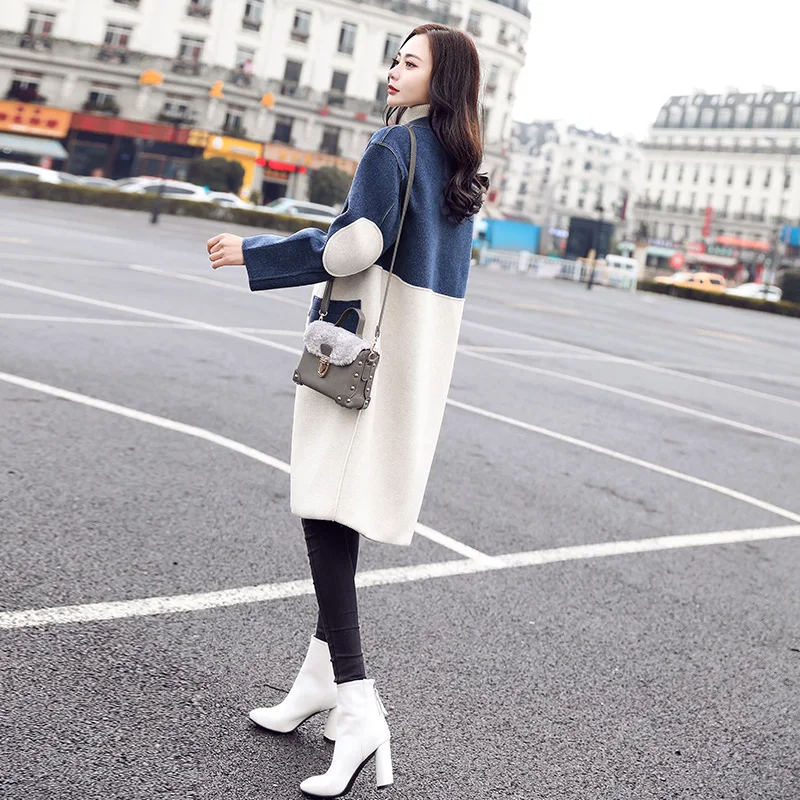 Модное женское синее шерстяное пальто из смога, женское длинное пальто, осень и зима, новая Корейская версия свободного шерстяного пальто