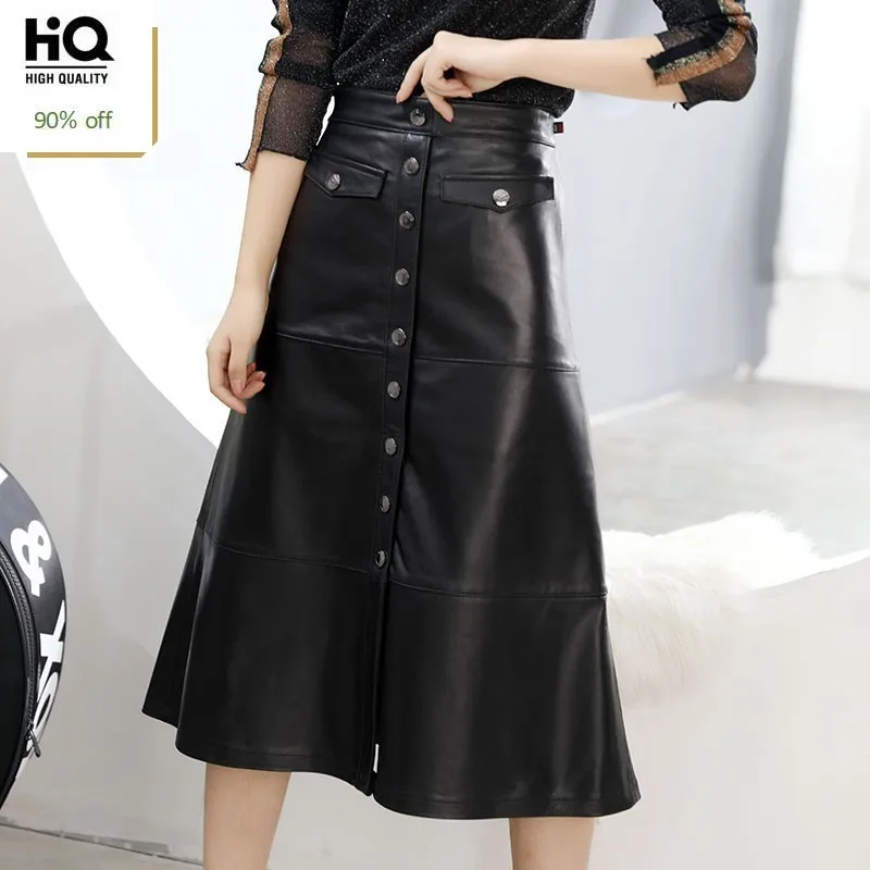

2020 New Women Autumn Winter Black Genuine Leather Lambskin High Waist A-Line Skirt Single Breasted Office Lady Mid Long Skirts