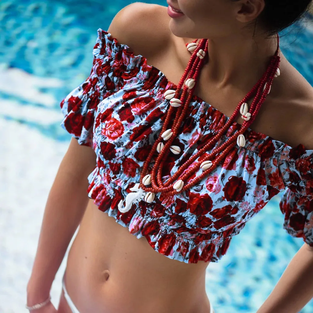 JAYCOSIN swimwear Women Shoulder Retro Small Fresh Swimsuit Set Beach Party Flower Print Elastic Bikini Red Series Fashion New 