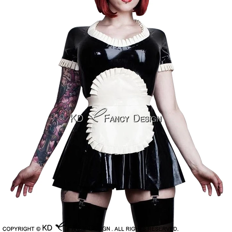 

Sexy French Maid Latex Dress With Garters Apron Bows Ruffles And Zipper At Back Rubber Uniform Bodycon Playsuit LYQ-0128