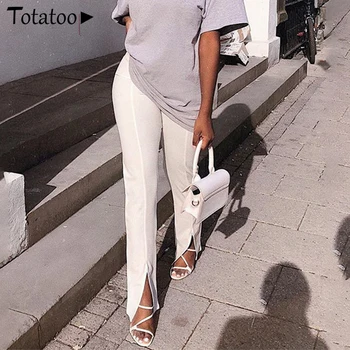 

Totatoop Office Lady Bodycon Pants Women High Waist Split Skinny Pants 2020 Summer Elastic Crop Trousers White Pencil Pant