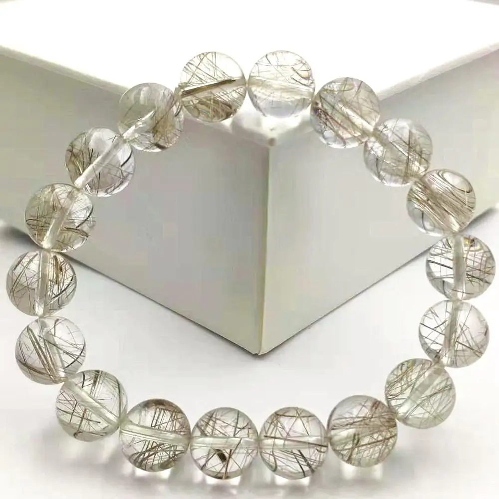 

11mm Top Quality Natural Silver Rutilated Quartz Crystal Round Bead Stretch Bracelet From Brazil Clear Stone Jewelry AAAAA