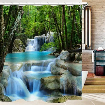 

HOT 3D Nature Scenery Bathroom Set Shower Curtain Bathroom Curtain with 12x Hooks Water-Repellent Shower Curtain
