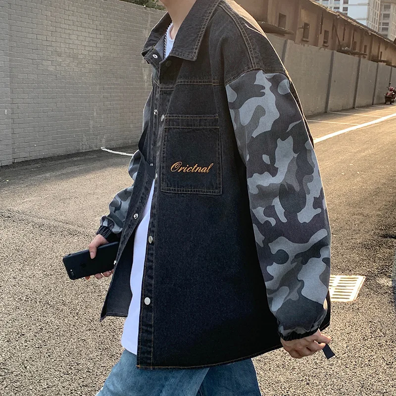 

Cowboy jacket men's loose camouflage stitching jacket trend Joker boys' frock jacket in spring and autumn