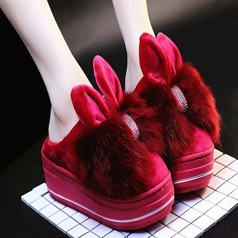 Домашние женские тапочки с заячьими ушками; zapatillas mujer; новые зимние теплые тапочки на Высоком толстом каблуке из хлопка с милым рисунком