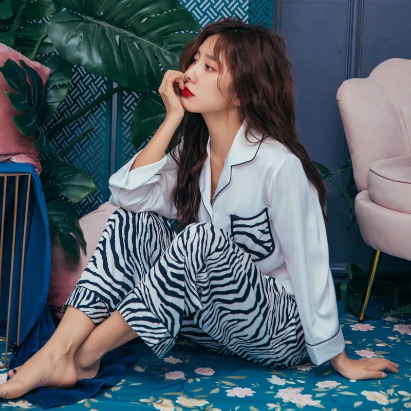 

Women Pajamas Set Zebra Stripe Sleepwear Turndown Collar Pyjamas Women Silk Pijama Satin Pj Set Korean Night Suit Homewear
