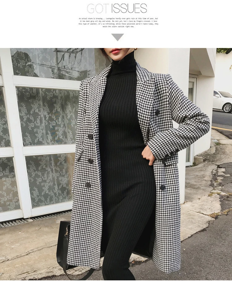 Женское длинное двубортное клетчатое пальто с длинным рукавом винтажное пальто