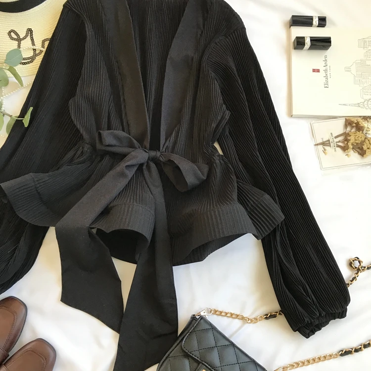 Women Elegant Long Sleeve Blouse Shirt Sexy V Neck Pleated Ruffles Blusa Sashes Vintage Women Blouse Spring Fashion Shirt Top Blusas (10)