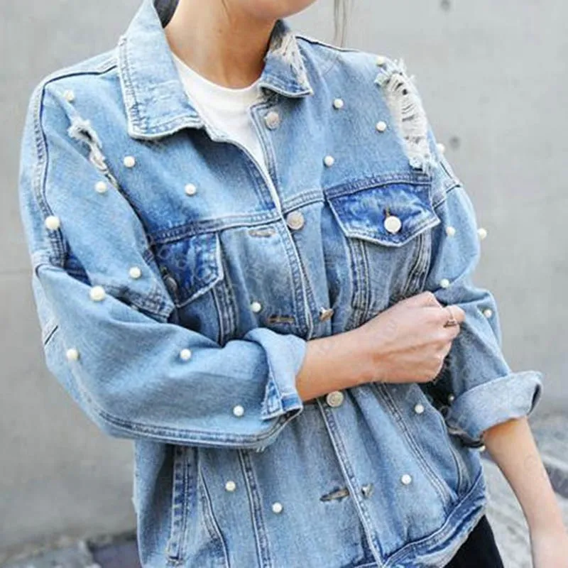 

Fall Women Korea Sweet Pearl Beading Denim Jacket Ripped Hole Jeans Jacket Long Sleeve Casual Pockets Loose Coat