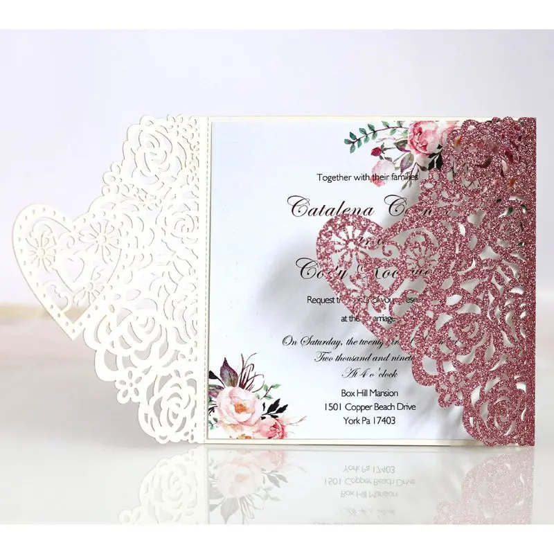  10pcs Glitter Laser Cut Rose Heart Shape Wedding Invitations Card Party Supplies - 4.00031E+12