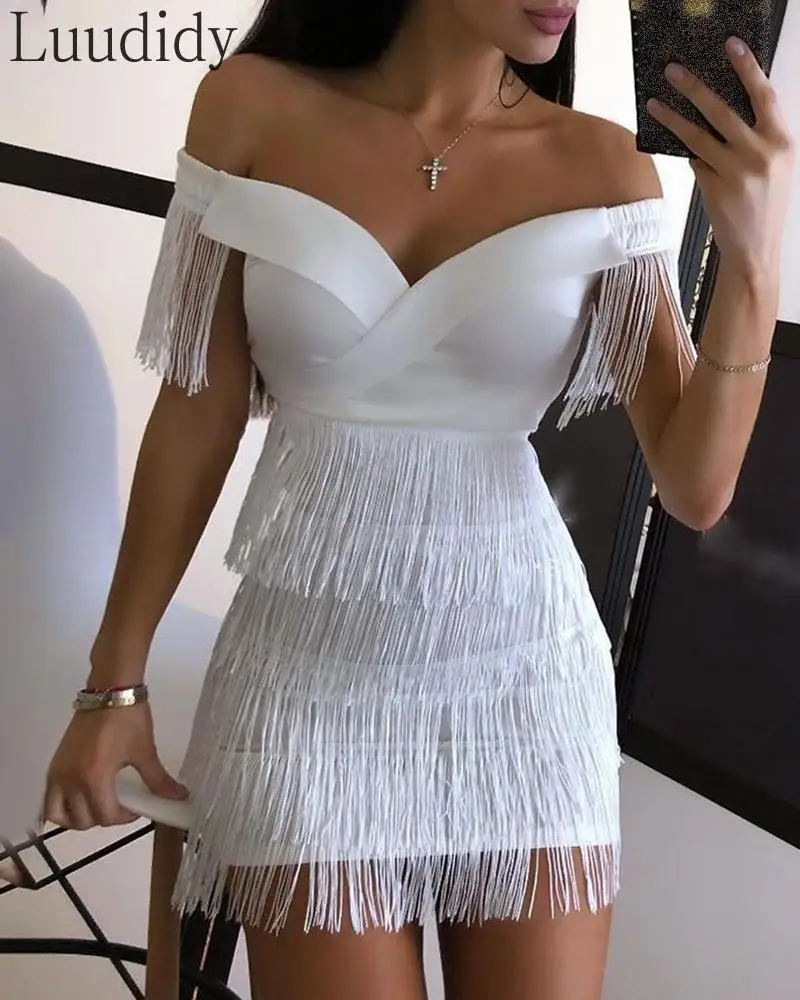 Vestido de fiesta de pasarela de noche con blancos para mujer, vestido Sexy borlas, manga corta, vestido de _ - AliExpress Mobile