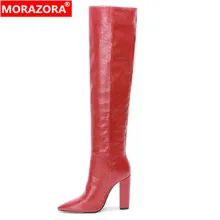 MORAZORA г. Популярные Модные сапоги до колена женские осенне-зимние сапоги на высоком каблуке 11 см женские вечерние туфли большой размер 44