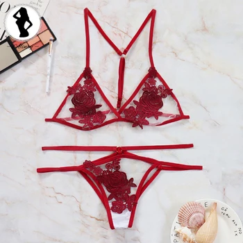 

ALINRY New Women's Lingerie set Sexy Transparent Bra and Panty set Red Flower Embroidery Lingerie Push up Female Lace Underwear
