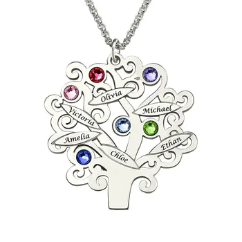

Sterling Silver Family Tree Necklace Mother's Necklace with Birthstone Grandmas Gift Family Tree Name Necklace