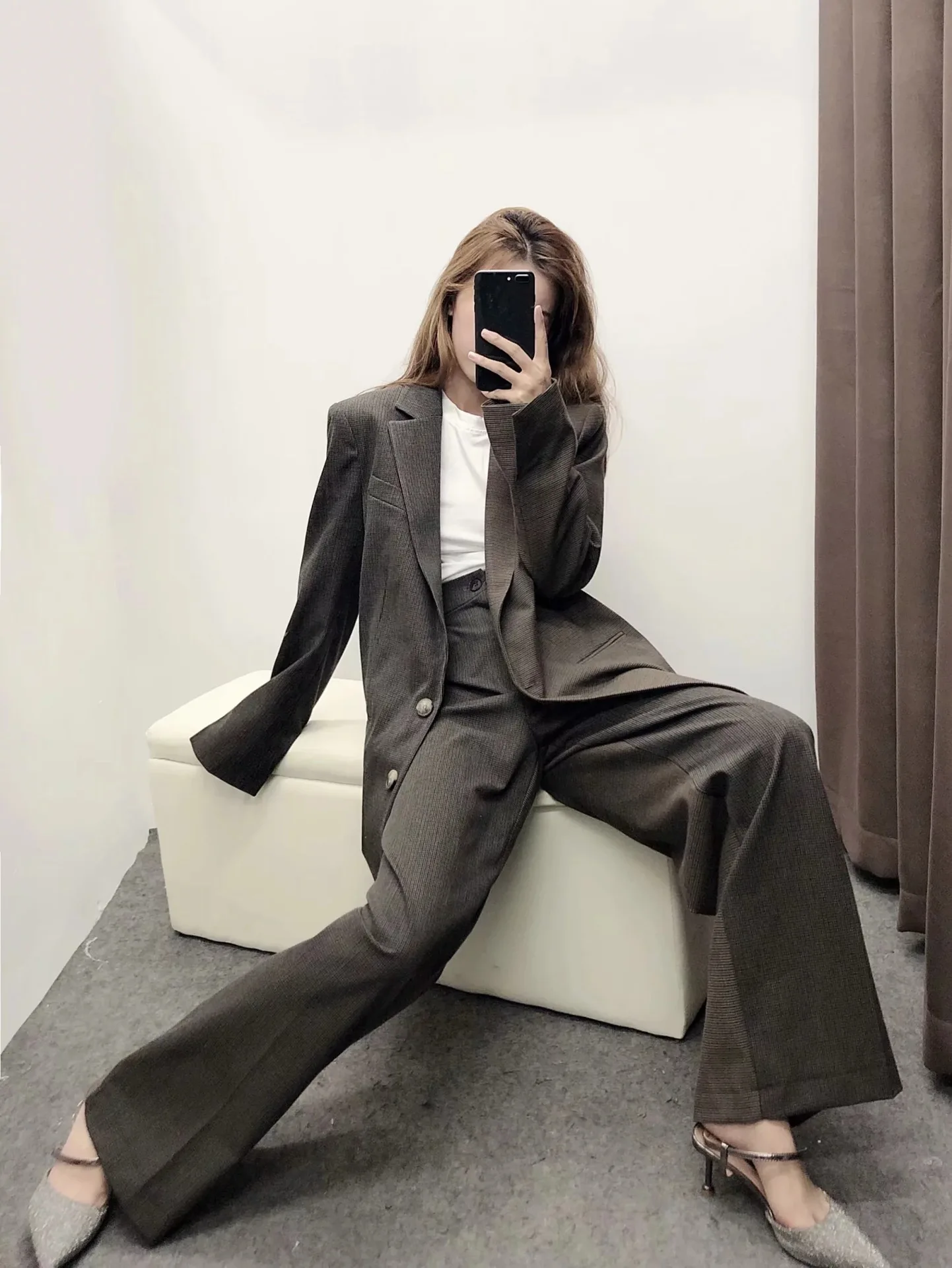 Casual women's suits new autumn slim plaid stitching single-breasted ladies suit blazer Wild office trouser suit Two-piece