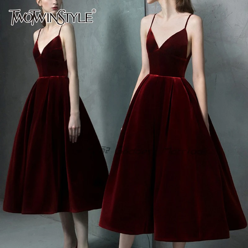 TWOTWINSTYLE Elegant Velvet Women Party Dress V Neck Spaghetti Strap High Waist Backless Sexy Dresses Female Fashion Clothes New TWOTWINSTYLE Elegant Velvet Women Party Dress V Neck Spaghetti Strap High Waist Backless Sexy Dresses Female Fashion Clothes New