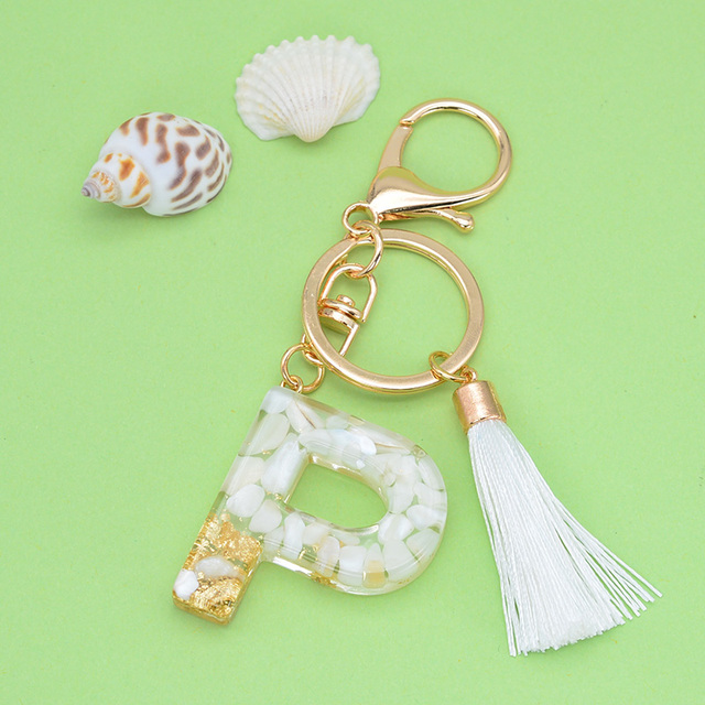 Gold Tassel Alphabet Keychain English Letter Keyring Glitter Gradient Resin Gold Leaf Crafts Car Mirror Handbag Charms