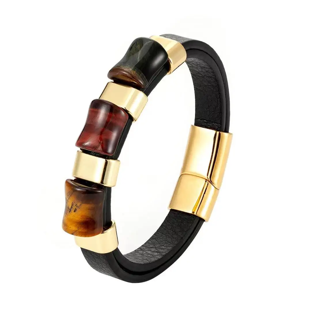 Men's Bracelet Tiger's Eye Leather Rope Stainless Steel bracelet jewelry