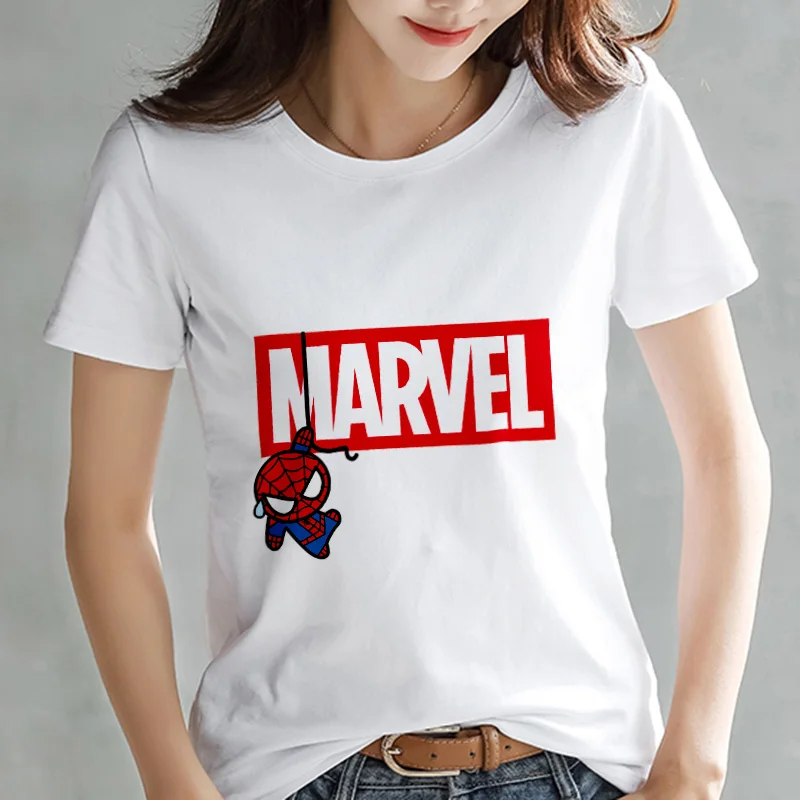 Модная женская футболка с принтом Мстителей Марвел Харадзюку, тонкая футболка с коротким рукавом, белые топы, женская одежда, футболка - Цвет: 24