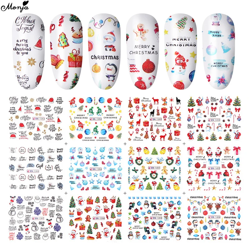 

Monja 12 Styles/sheet Christmas Series Nail Art Water Transfer Sticker Elk Santa Xmas Hat Watermark Nail Decals Manicure Decors