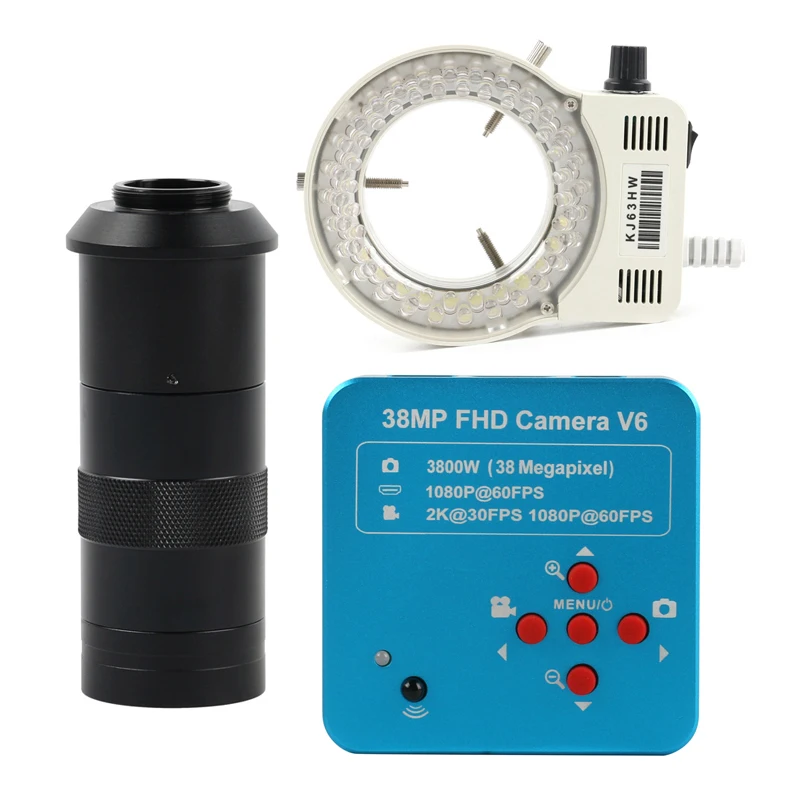 100x lens with Light 38MP 1080P 60FPS 2K HDMI USB промышленный электронный цифровой видео микроскоп камера TF видео рекордер+ 180X 300X 100X C крепление объектива - Цвет: 100x lens with Light