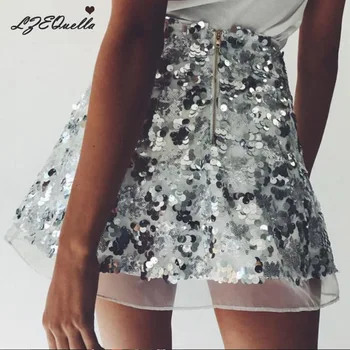 

LZEQuella Women Mesh Sequin Skirts Summer Sexy Slim A-line Skirts Club Party Fashion High Waist Patchwork Mini Skirt NZ1646