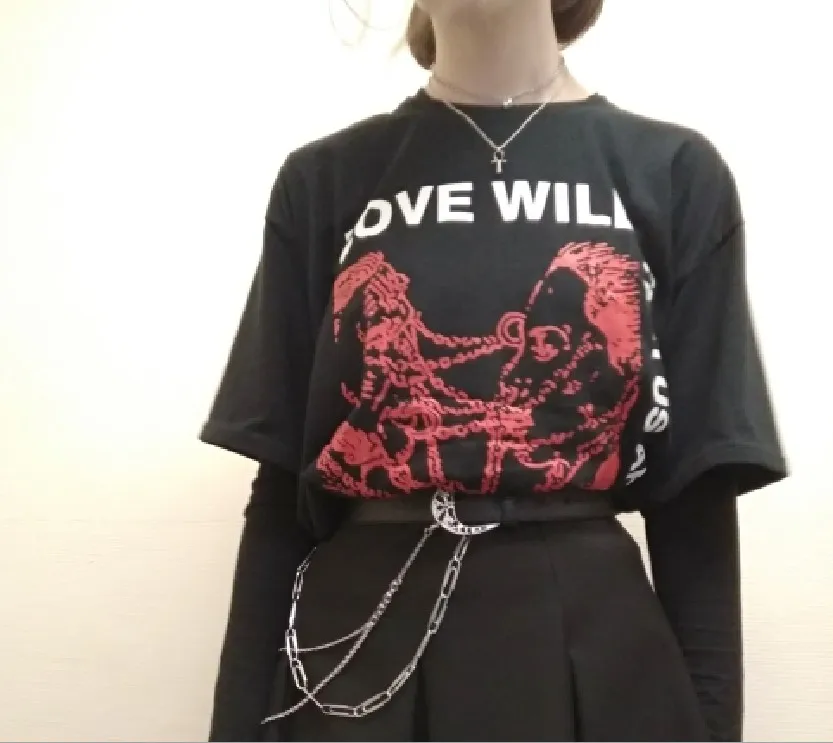 HAHAYULE-JBH Love Will Tear Us Apart Graphic Tee Unisex Tumblr Fashion Grunge Black Tee Hipsters Punk Style Top