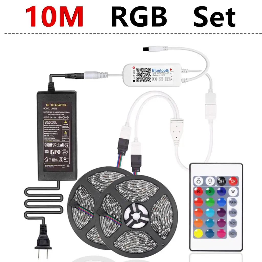 10M RGB Set 5 м 10 м RGB светодиодный светильник 5050 SMD диодный светодиодный ленточный Водонепроницаемый Bluetooth 24Key управление DC 12 В адаптер питания комплект - Испускаемый цвет: 10M RGB Set
