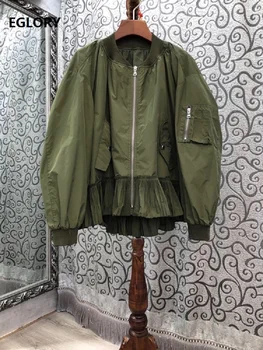 

2020 Autumn Fashion Jacket High Quality Women Ruffle Patchwork Long Sleeve Casual Zipper Coat Ladies Loose Tops Coat Green Black