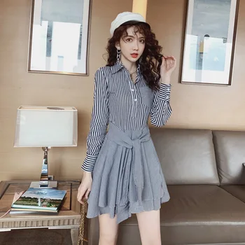 

S-XL Large Size Women Corset Casual Mini Dress Women with Sashes Singer Button Ruffle Dress Print Striped Korean Shirt Dress