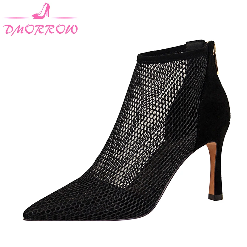 

Women Boots High Heels Flock Pointed Toe Breathable Mesh Zipper Ankle Solid Boots Fashion