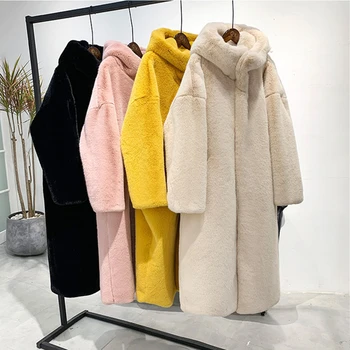 

Female Winter New Faux Rabbit Fur Coat Thick Warm Flocking Women Luxury Long Fur Jacket Hooded Thick Warm Parka Coats