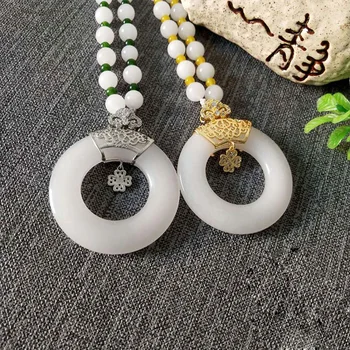 

Natural Xinjiang White Jade Ping An Ring Hanging Gold Silk Jade Female Pendant