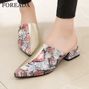 

FOREADA Women Mules Shoes Pumps Snake Print Thick Med Heel Shoes Fashion Pointed Toe Female Party Footwear Gold Sliver Size 3-12