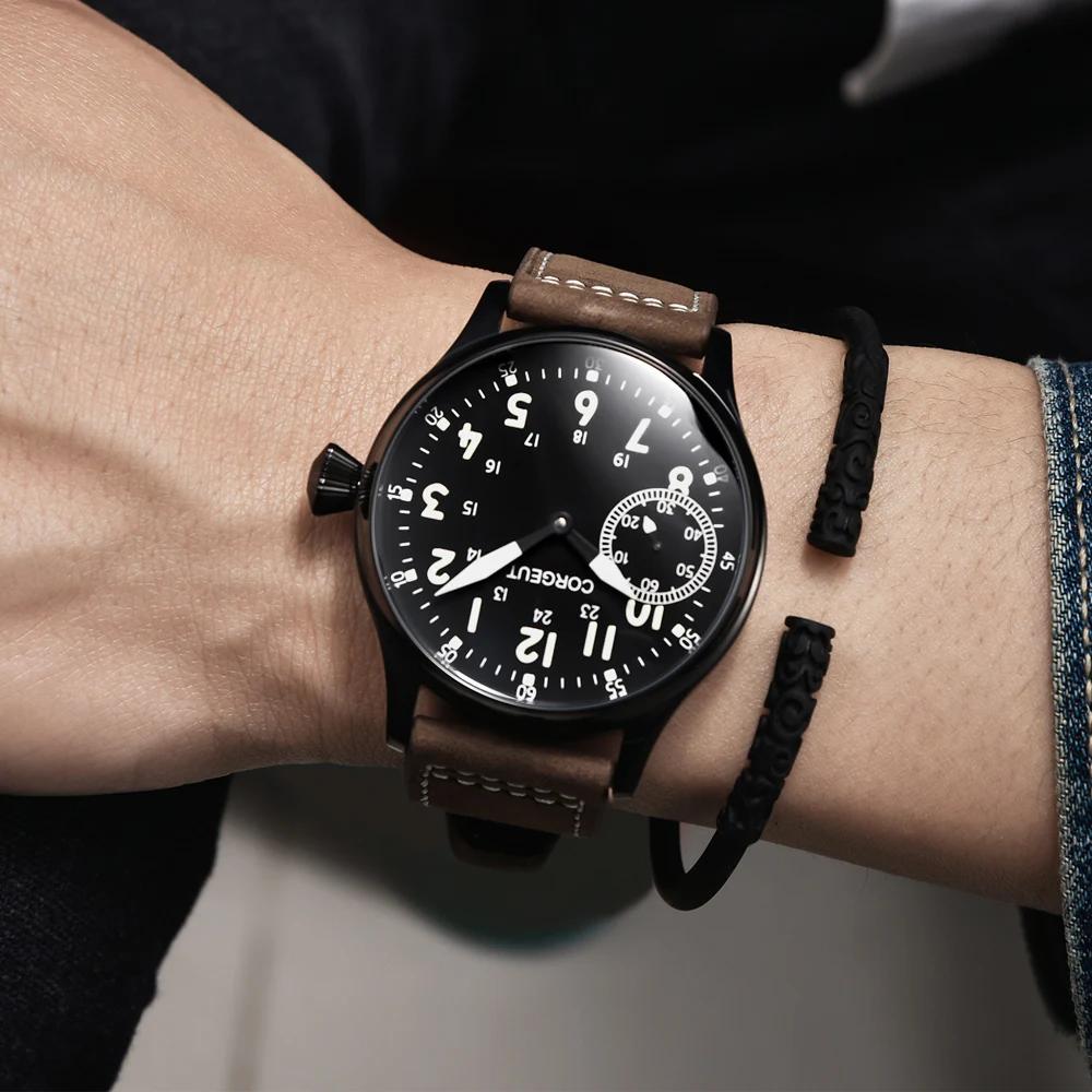

Corgeut Watch Fashion Leather Top Luminous Mechanical Hand Winding Watch 17 Jewels ST3600 Seagull 6497 movement Sport Wrist Man