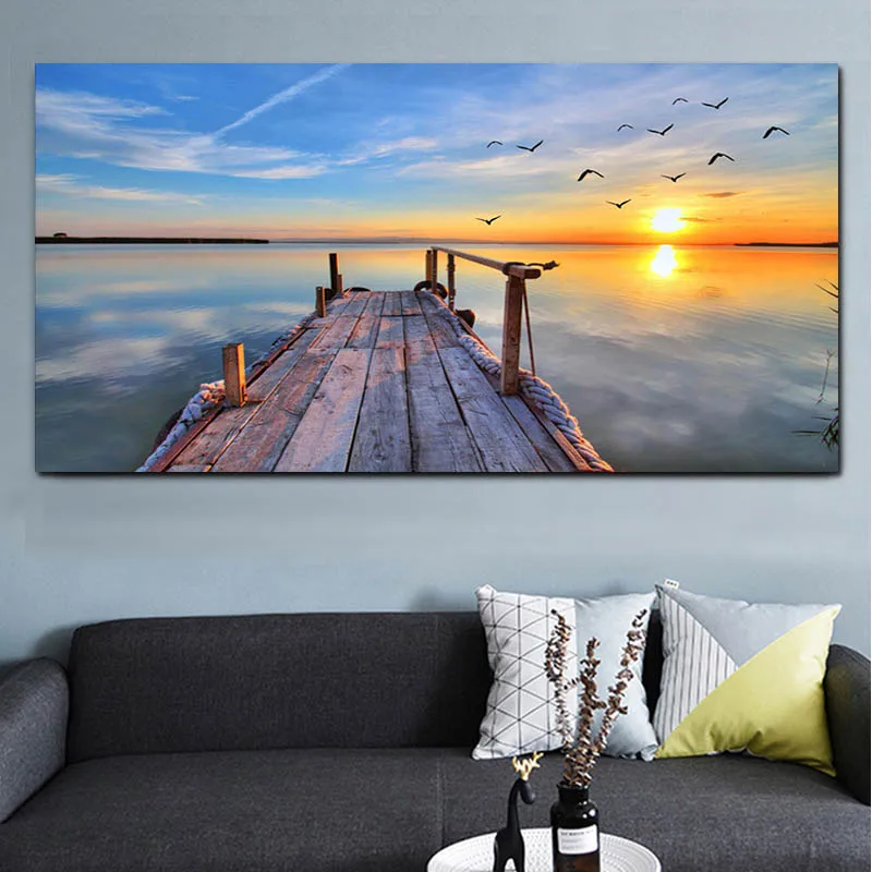 

XINQ Modern Landscape Posters And Prints Sunset And Wharf Seascape Wall Art Painting Unframed canvas for Living Room home decor