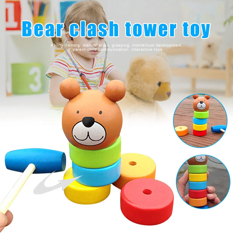 

2-IN-1 Wooden Kids Toy Rainbow Color Bear Clash Tower Children Pile Tower Early Education Family Game Accessories DTT88