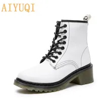 AIYUQI-Botas de piel auténtica con tacón grueso para mujer, botines de estilo británico, con cordones y tacón medio, para motocicleta