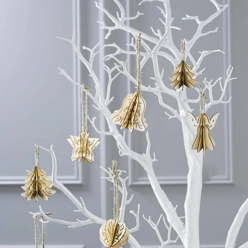 16Pcs Wood Slices Splicing DIY 3D Christmas Pendants Ornaments with Hang String Xmas Tree Hollow Pendants Home Party Decorations
